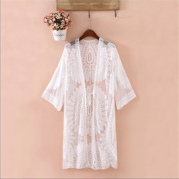 White Boho Floral Lace Kimono Beach Coverup - Picture 8 of 13